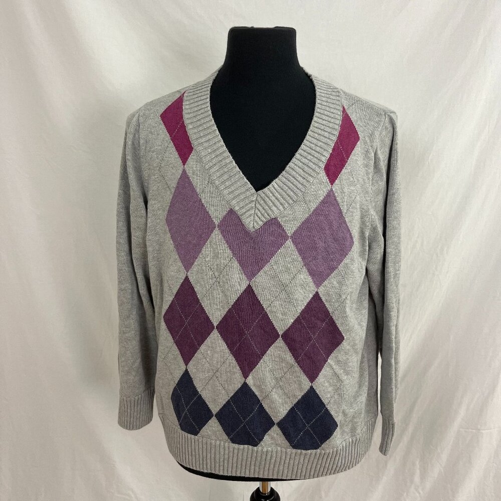 Sonoma Gray V-Neck Argyle Sweater Pullover Preppy Ribbed size 1X